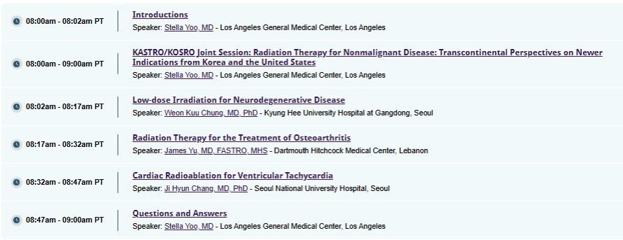 #ASTRO25 is here! Come join us Tuesday 8am Room 314 for our joint KOSRO-KASTRO session on non-malignant diseases. Our first speaker is Dr. Weon Kuu Chung who conducted the first multi center RCT on low dose RT for #Alzheimers and we’ll hear insights on other neurodegen diseases!