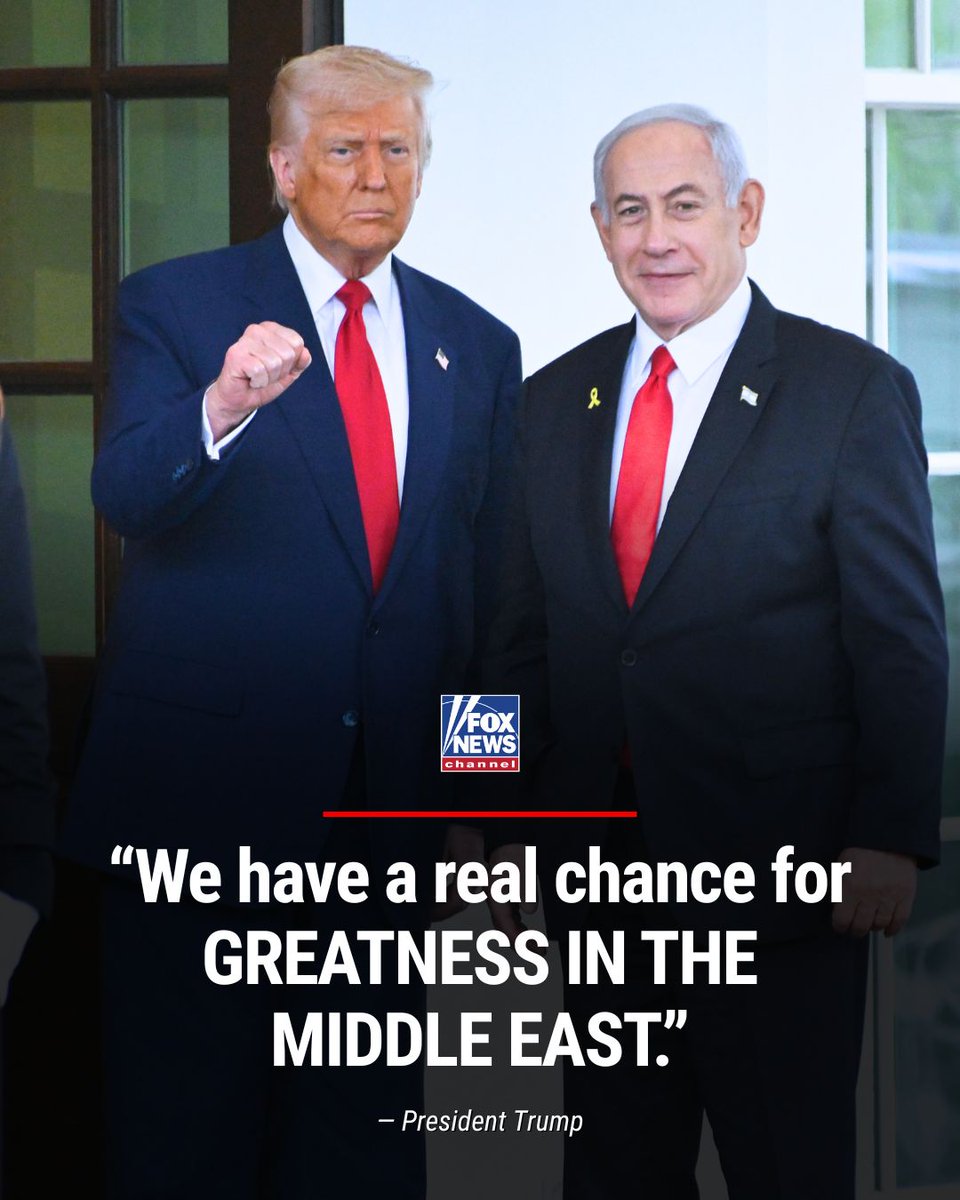 FoxNews's tweet photo. 'WE WILL GET IT DONE': President Trump announces a possible breakthrough in Middle East negotiations, saying "all are on board" ahead of his meeting with Netanyahu at the White House on Monday. https://t.co/ce2FbNXVfO