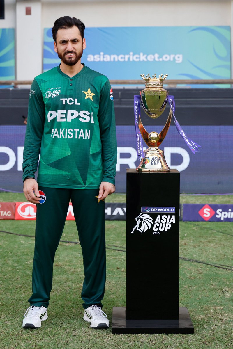 Salman Ali Agha with the Asia Cup trophy.

- Surya didn’t come up for the photoshoot.