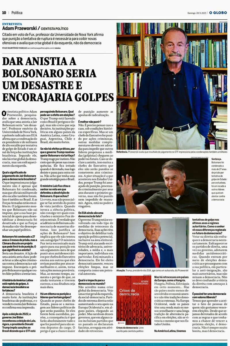 Excelente entrevista com o mestre dos mestres <a href="/AdamPrzeworski/">Adam Przeworski</a> em O Globo de hoje.