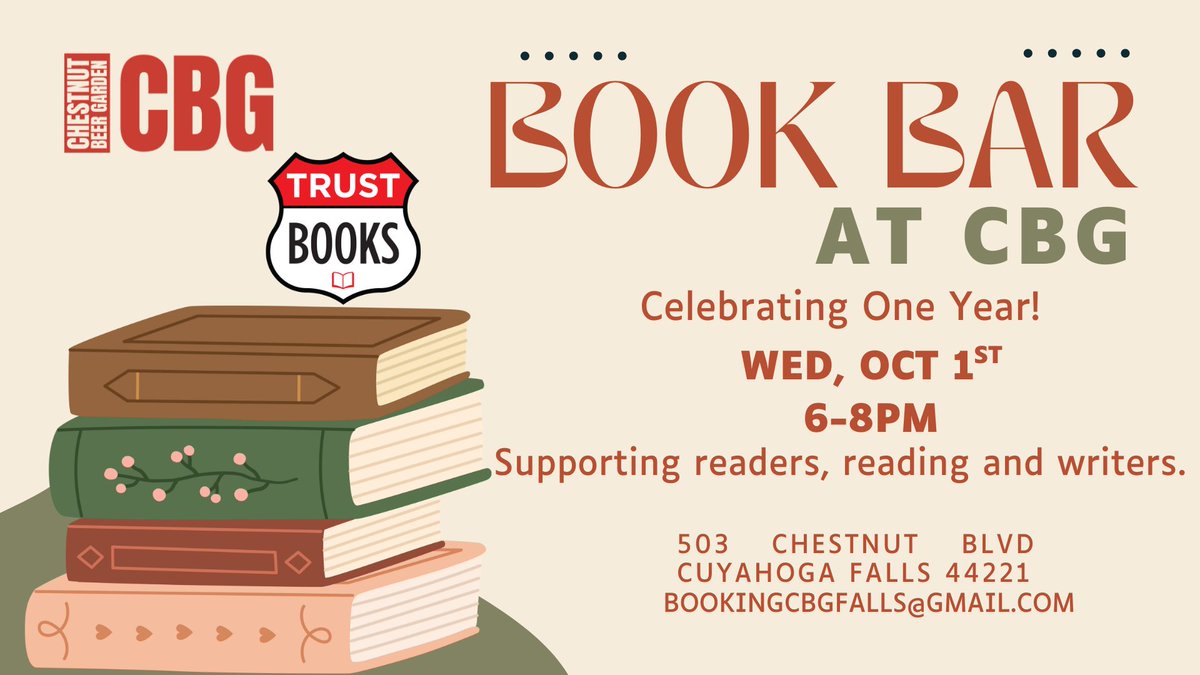 #NortheastOhio: I’ll be at Chestnut Beer Garden's Book Bar this Wed, Oct. 1 (6–8 PM) for their 1-year anniversary! 🍻📚 Come celebrate books, writers &amp; readers with us. #TheTowpath #BookBar #OhioAuthors #CuyahogaFalls #TrustBooks