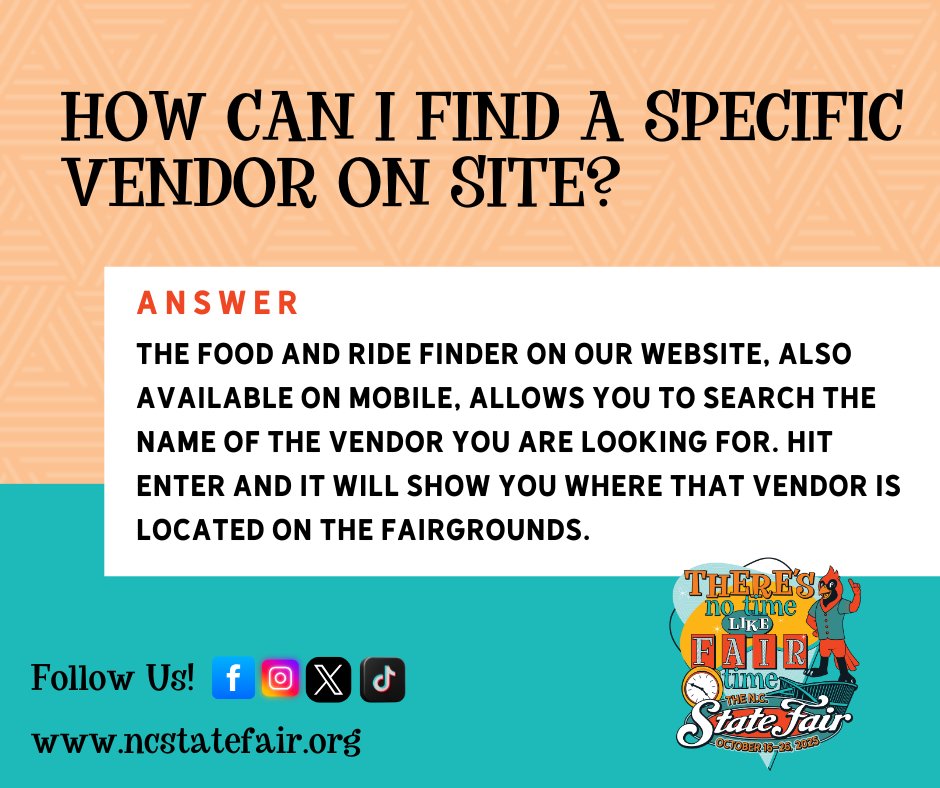 NCStateFair's tweet image. The Food &amp;amp; Ride Finder is a great resource to have handy during your trip to the N.C. State Fair! 

This tool, available online and mobile, allows you to search vendors across the grounds to find all your favorites. #FAQ #NoTimeLikeFairTime #NCStateFair