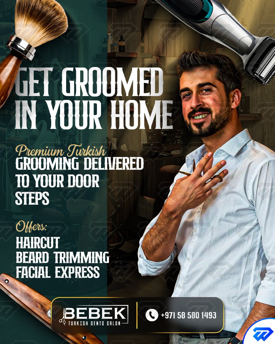 WasayDesigns's tweet image. Check new salon post commission done^^
Salon minimal post. Get groomed at home with Bebek authentic Turkish salon vibes, zero fuss. Haircut, beard trim &amp;amp; quick facial brought to your door. #commissionopen #Hiringdesigner #needdesigner #artcommission #freelancedesigner #slotsopen