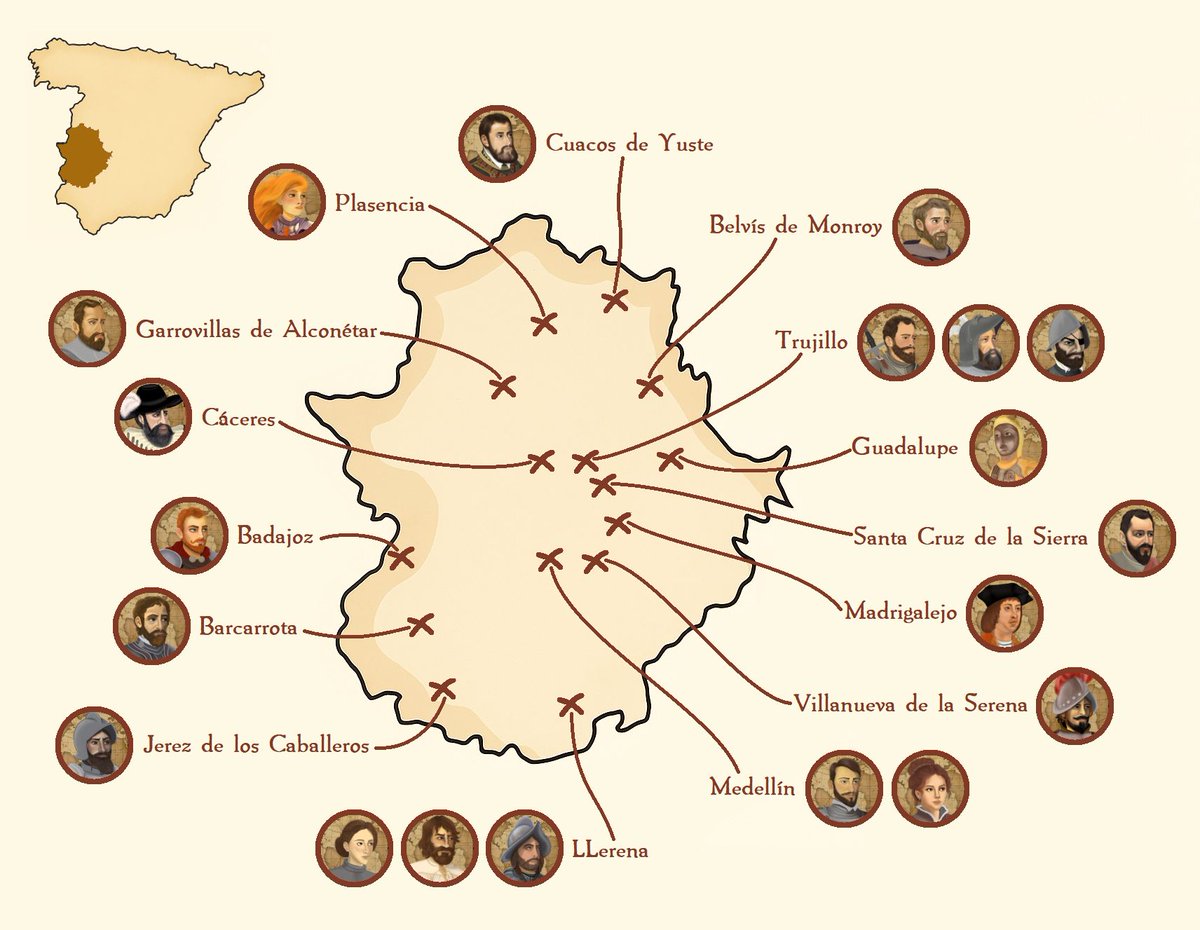 xConquistadores's tweet image. 🌎✨¿Sabías que muchos de los protagonistas de la gesta de #América nacieron en #Extremadura?✨🌎

🗺️ En este #mapa te mostramos las villas natales de algunos de estos #aventureros. 

📌 Tip: Cada punto del mapa es un pedacito de #historia que merece ser conocido.

#Hispanidad