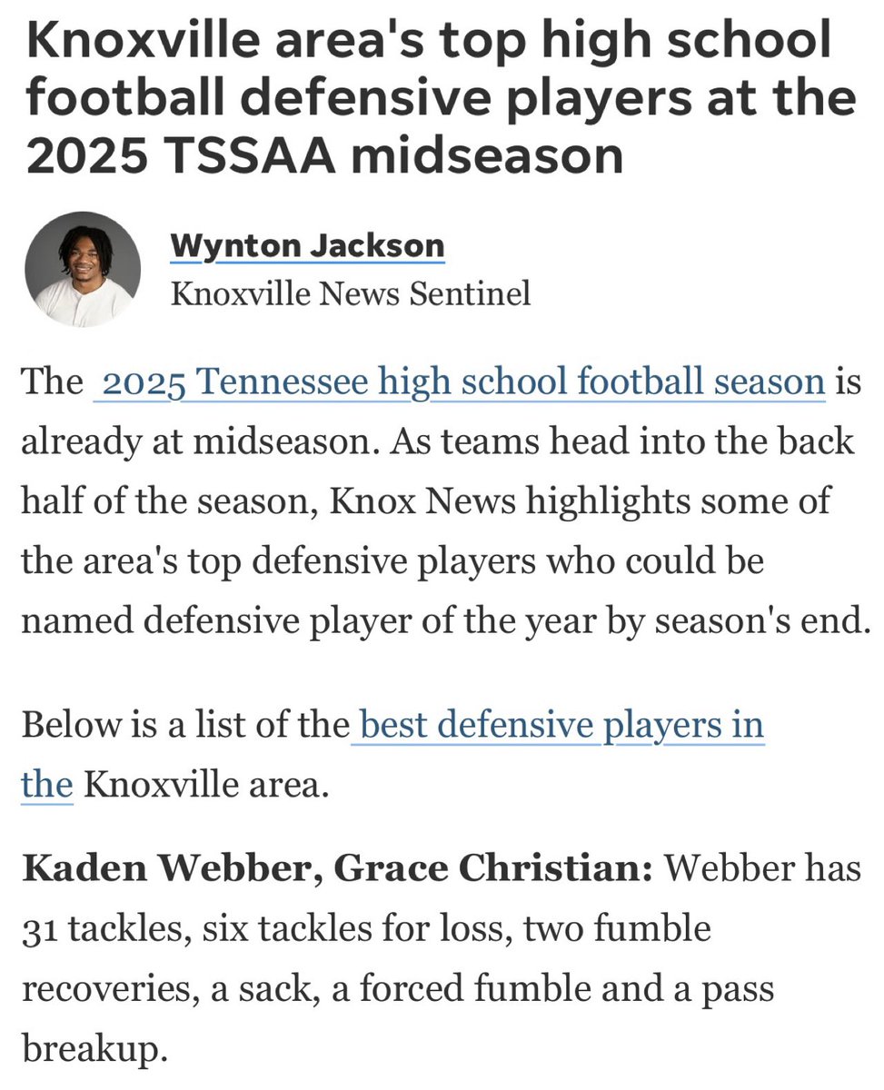 kadenwebber42's tweet photo. Thank you @WyntonJackson and @prepxtra for  write-up. Thankful to be noticed as a top Defensive player
 in the Knoxviile area
@GCARamsFootball @CoachMPrice @GCAcoachPrice @MrCoachCraney 
@CSmithScout @PrepRedzoneTN https://t.co/aJpYMxtlw7