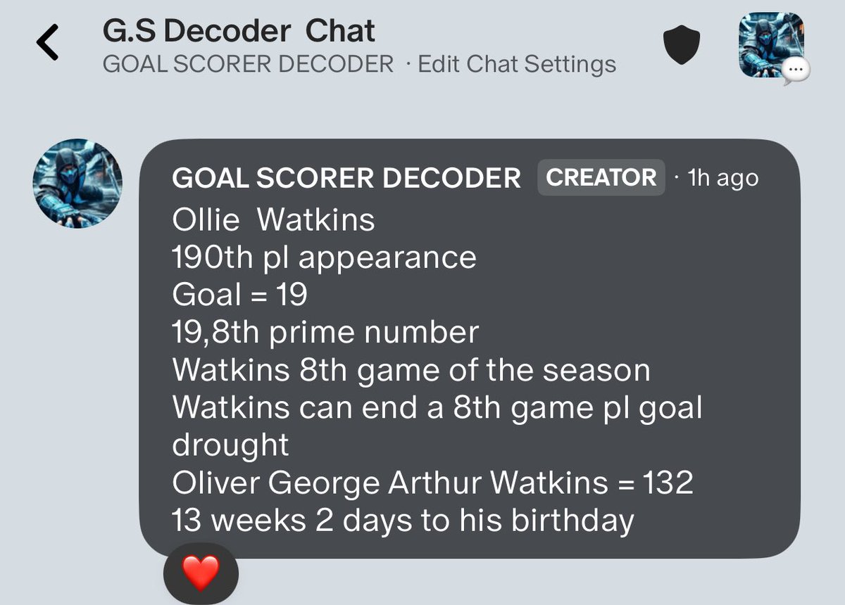 JamaicanDecoder's tweet image. Ollie Watkins
190th pl appearance
Goal = 19
19,8th prime number
Watkins 8th game of the season
Watkins can end a 8th game pl goal drought
Oliver George Arthur Watkins = 132
13 weeks 2 days to his birthday