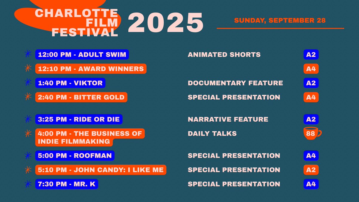Well folks, the time has come…our FINAL DAY of CFF’25 😭 Check out our lineup for Day 6️⃣ of the 17th CFF!

For film info and to buy tix, go to: charlottefilmfestival.org/2025/schedule

#DiscoverDifferent #CLTFF17 #CLTFF2025 #CharlotteFilmFest #CharlotteFilmFestival