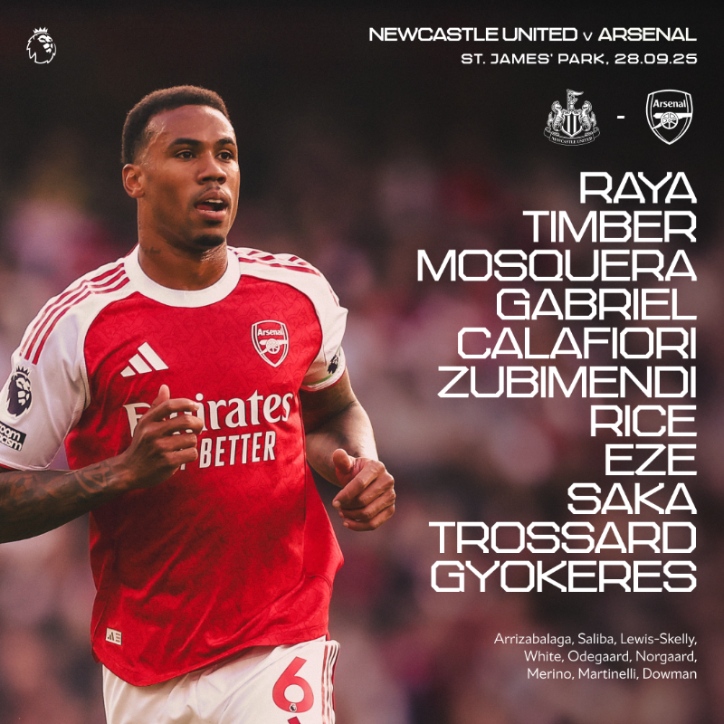 Arsenal's tweet photo. 🔴 𝗧𝗘𝗔𝗠𝙉𝙀𝙒𝙎 ⚪️

🧱 Mosquera partners Gabriel
🪄 Eze in the middle
⚡️ Saka starts

Let’s bring the fight, Gunners ✊