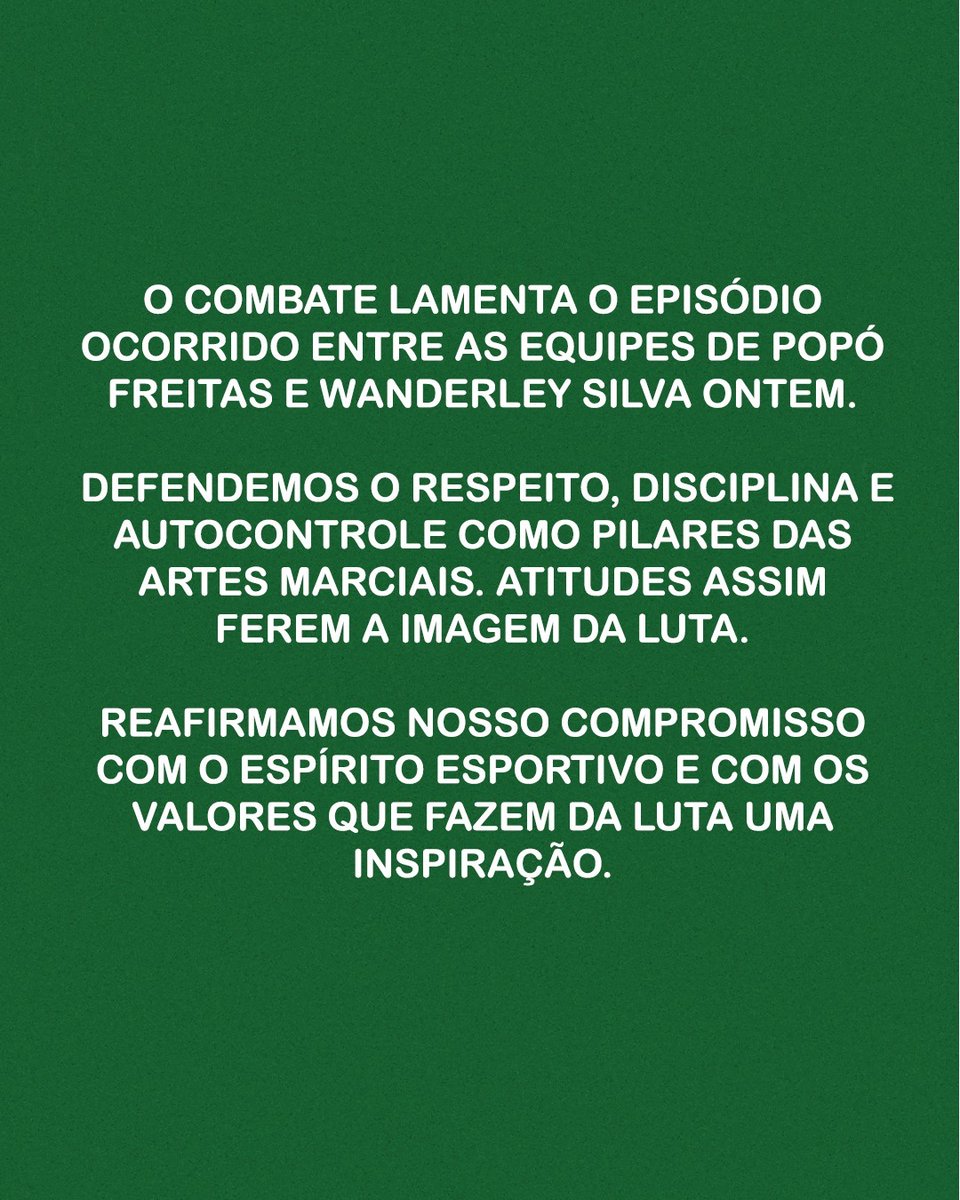 combate's tweet image. O Combate reforça seu compromisso com o verdadeiro espírito das artes marciais.
Respeito, disciplina e autocontrole sempre estarão acima de qualquer rivalidade. 

#Combate