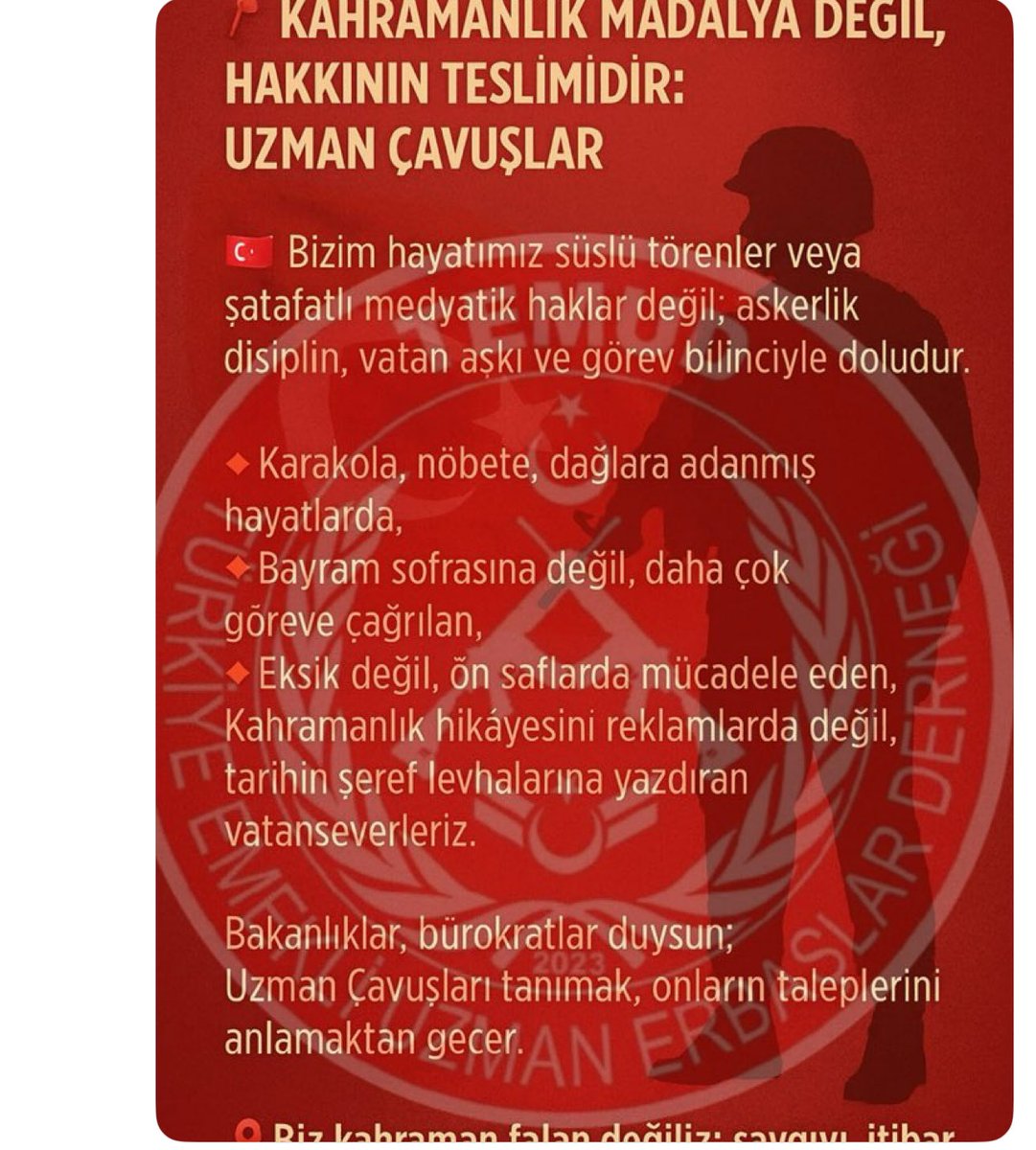 Sessiz kalan bir camia değil, sessizce fedakârlık yapan bir camiayız.

<a href="/3269/">strawberry fields</a> sayılı Kanun;

- Görevdeki uzman çavuşun geleceğini neden belirsiz bırakıyor?  
- Emekli olduktan sonra geçim sıkıntısı yaşayan binlerce personel için hangi çözüm öngörülüyor?  
- Kıdem, rütbe ve hizmet