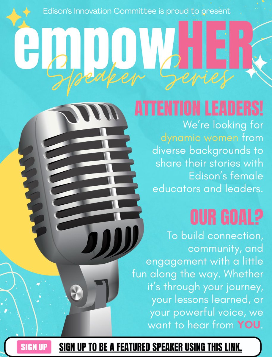 Joan Valentine, Ed.D. (@j_valentine25) on Twitter photo 🌟 Calling all female leaders! 🌟
<a href="/EdisonDistrict/">EdisonSchoolDistrict</a> <a href="/edisoninnovates/">Edison Innovates</a> is launching the EmpowHER Speaker Series—a space to share stories, lessons & voices that inspire. Your story matters. 💪
👉 Sign up today to speak & join us in empowering others.
forms.gle/5D725zrycdj1Nu… 🌟 Calling all female leaders! 🌟
<a href="/EdisonDistrict/">EdisonSchoolDistrict</a> <a href="/edisoninnovates/">Edison Innovates</a> is launching the EmpowHER Speaker Series—a space to share stories, lessons & voices that inspire. Your story matters. 💪
👉 Sign up today to speak & join us in empowering others.
forms.gle/5D725zrycdj1Nu…