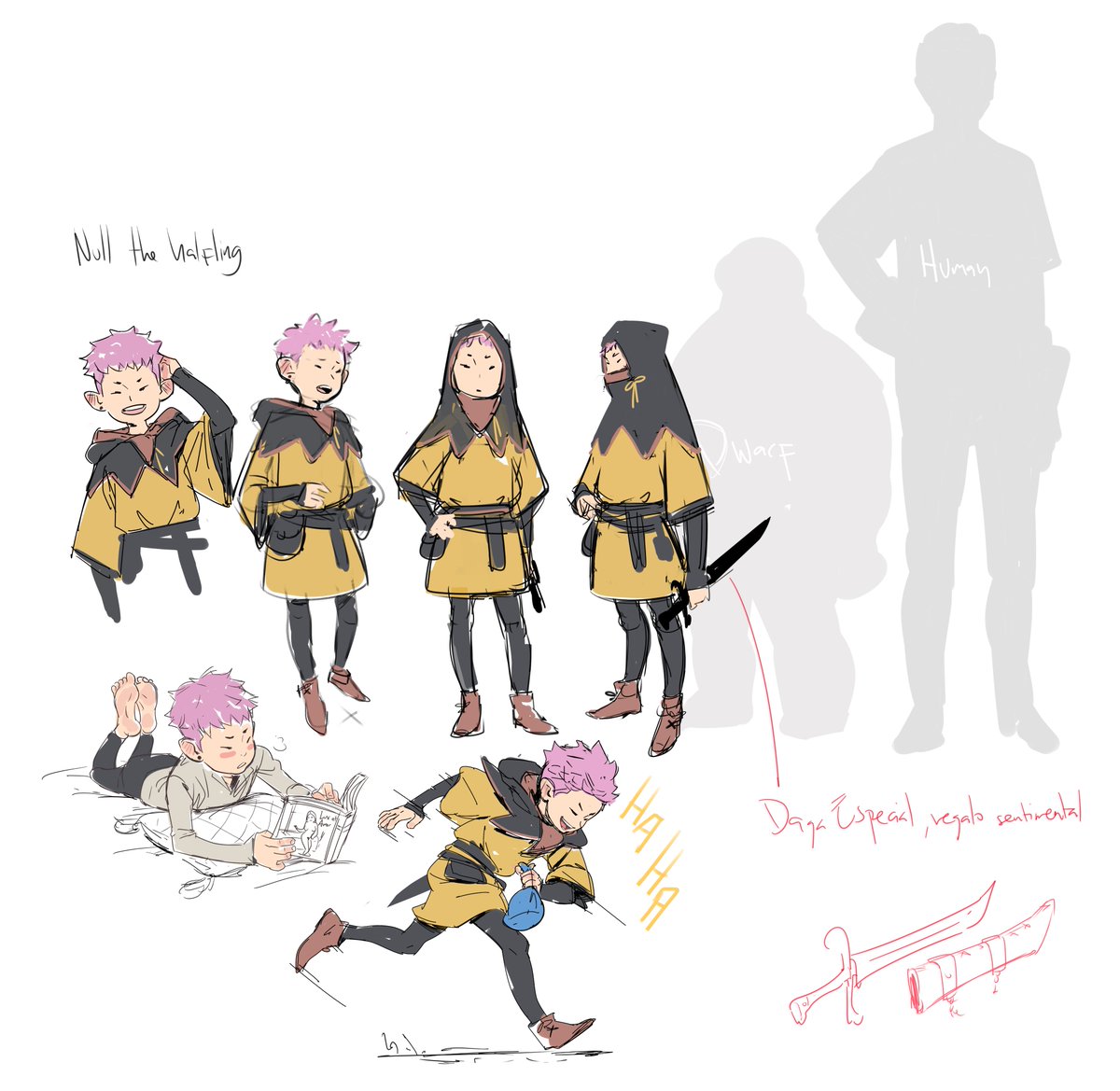 Lately, I haven’t had much time to draw personal stuff.

Name: Null
Race: Halfling
Class: Rogue (Thief)
Alignment: Chaotic Neutral
Background: Pervert

Level 1

STR: 8 (–1)
DEX: 16 (+3)
CON: 12 (+1)
INT: 13 (+1)
WIS: 10 (+0)
CHA: 14 (+2)