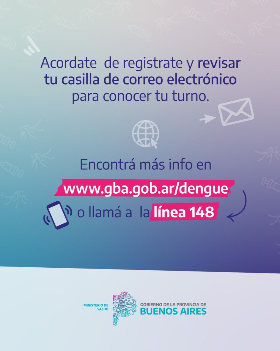 ¡Continúa la Campaña de Vacunación contra el Dengue en toda la provincia! 🦟💉

Las personas que vivan en la PBA y tengan entre 15 y 59 años, hayan tenido o no la enfermedad, pueden anotarse para recibirla.

📲 Registrate acá: ms.gba.gov.ar/sitios/misalud/
