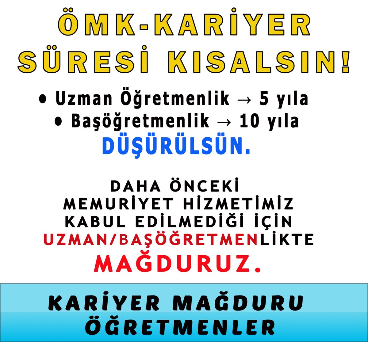 <a href="/Yusuf__Tekin/">Yusuf Tekin</a> Sayın Bakanım,
Öğretmenlikten önceki memuriyet sürelerimizin kariyer basamaklarina sayılması hususunda bir çalışmanız var mı? Bu konuda yaklaşık 30000 öğretmen olarak mağduruz. Hakkımızın verilmesini talep ediyoruz.