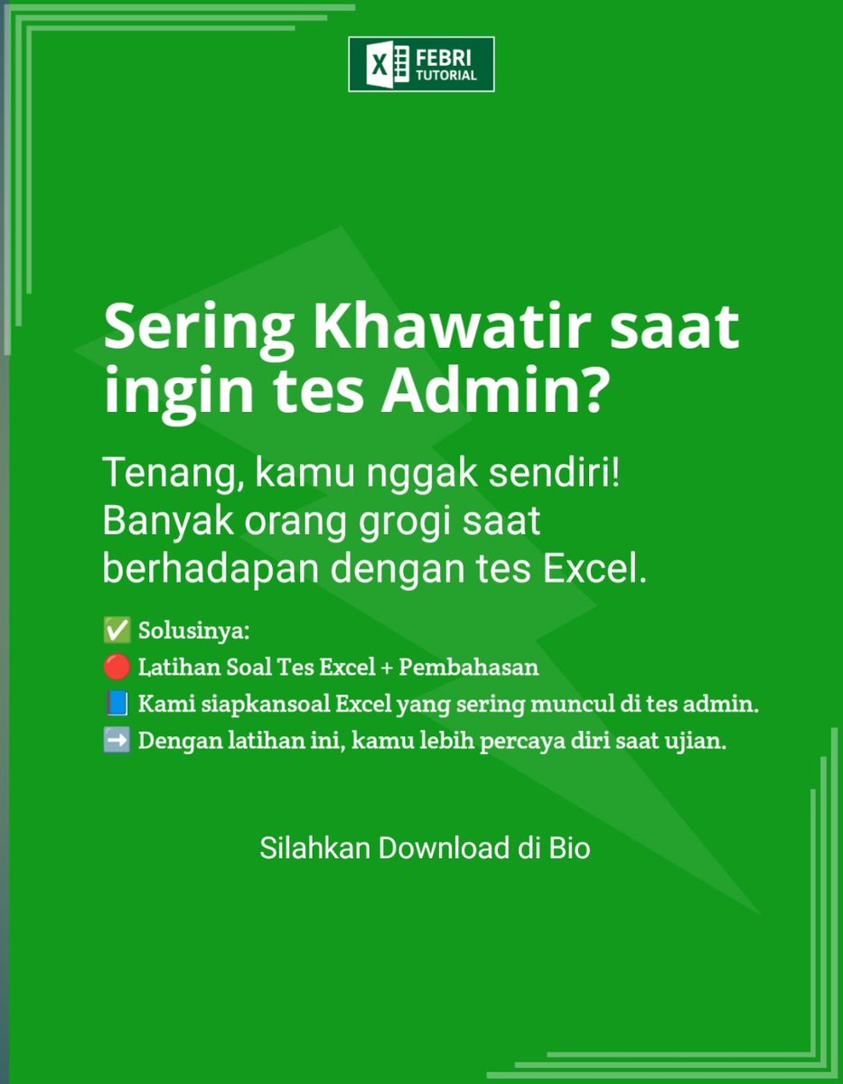 febri_tutorial's tweet image. Solusi Cepat agar tidak nge-blank saat kamu tes Excel !
Tips nya "jangan di Hafal, tapi dipahami dan diulang latihan rutin
#excel #excelearning #excelchallenge #belajarexcel