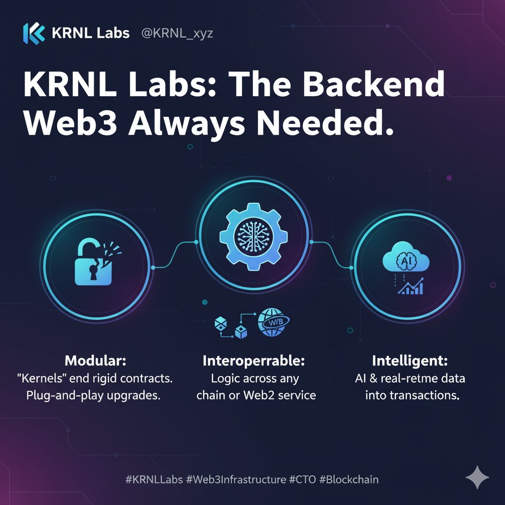 KRNL Labs: The Backend Web3 Always Needed.

Modular: "Kernels" end the rigid smart contract era. Upgrade logic with plug-and-play efficiency.

Intelligent: Securely inject AI &amp; real-time data into transactions.

This is the only way to build for billions of users. <a href="/KRNL_xyz/">KRNL Labs</a>