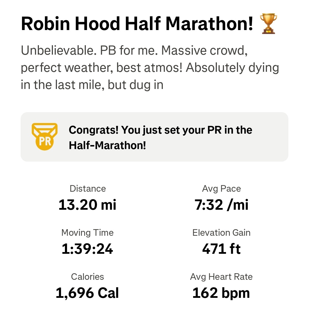 Well done to everyone who did the Robin Hood Half today in Nottingham. Organisers, supporters &amp; runners all contributed to a superb event. PB too! 🏅