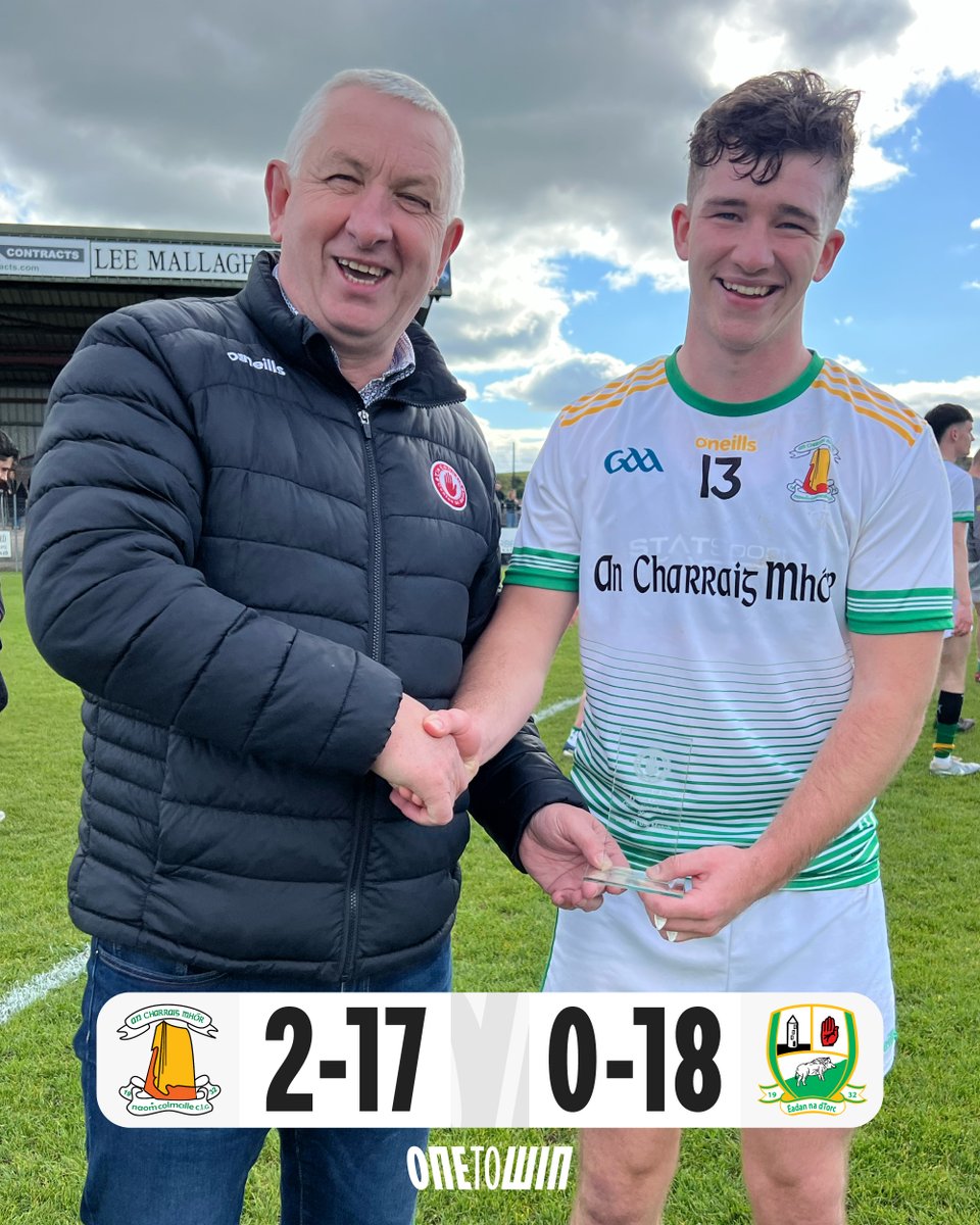Connollys of Moy Senior Football Championship Quarter-Final - Full Time

An Charraig Mhór 2-17 (23) 
Eádan na dTorc 0-18 (18) 

An Charraig Mhór have secured their place in the semi-finals. 

The Connollys of Moy Man of the Match was Danny Fullerton, sharp in the forward line and