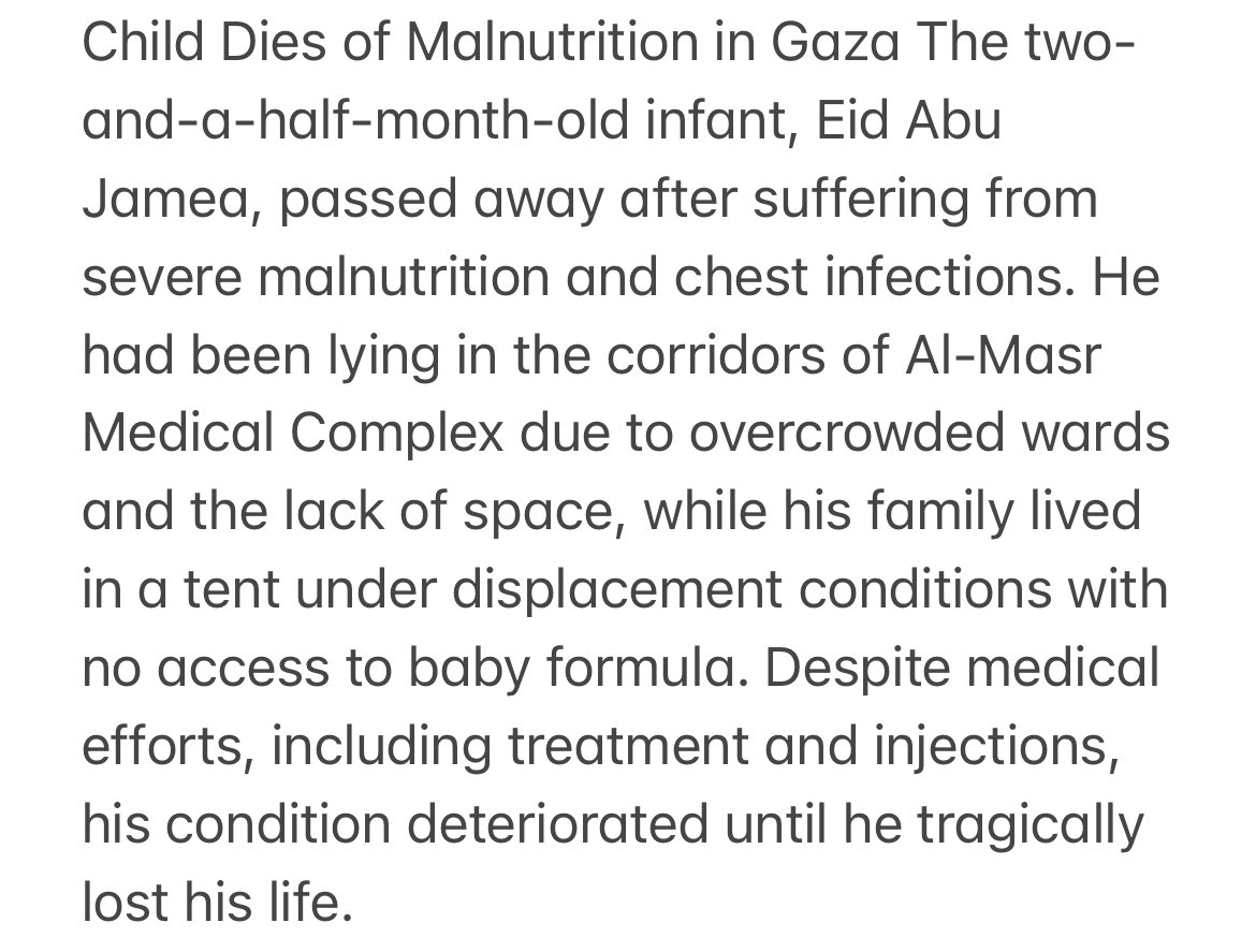 doaa__mohammad's tweet image. Child Dies of Malnutrition in Gaza The two-and-a-half-month-old infant, Eid Abu Jamea, passed away after suffering from severe malnutrition and chest infections. He had been lying in the corridors of Al-Masr Medical Complex due to overcrowded wards and the lack of space