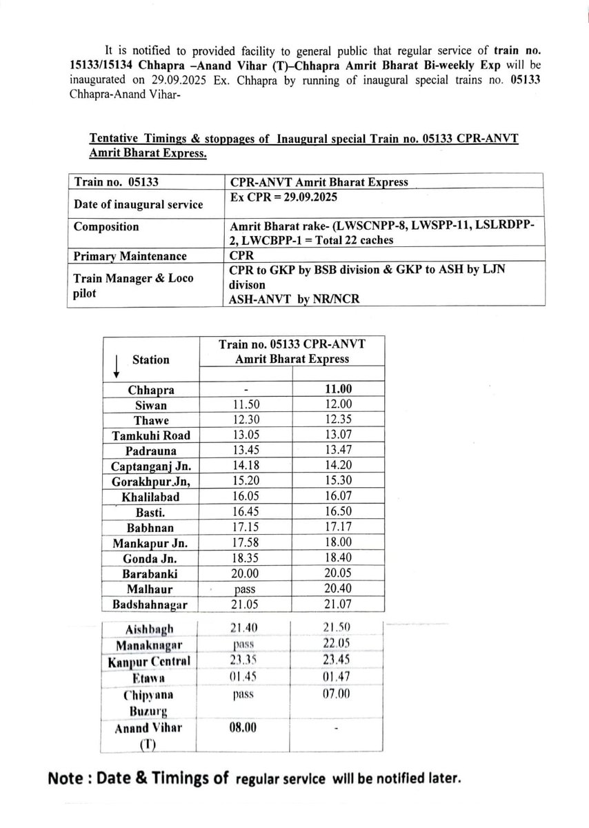 Snehashish. A railfan (@snehashishpaul7) on Twitter photo Another Amrit Bharat train for bihar..
Introduction of new amrit bharat train between Madar & darbhanga and Muzaffarpur & Charlapalli. Another Amrit Bharat train for bihar..
Introduction of new amrit bharat train between Madar & darbhanga and Muzaffarpur & Charlapalli.