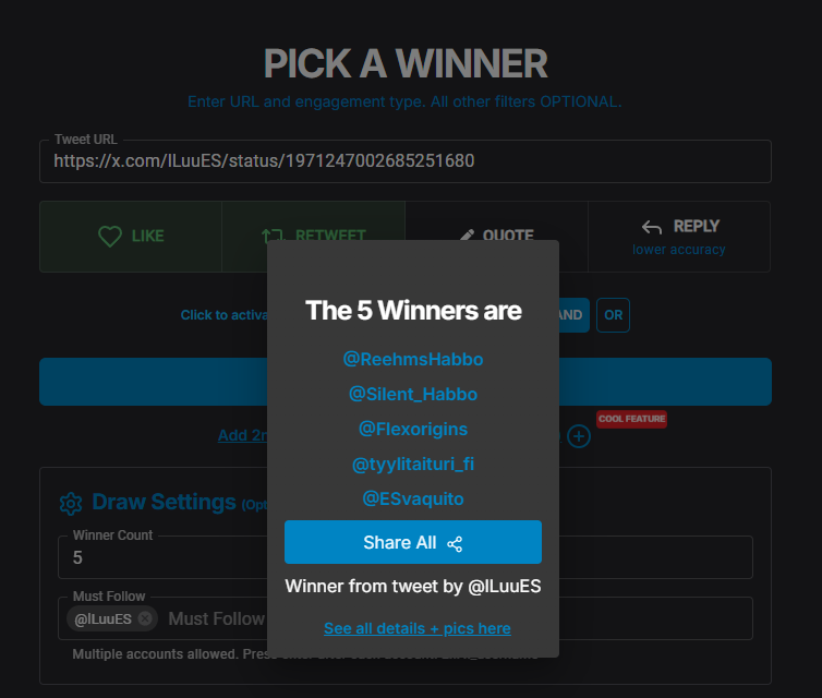 ¡Los ganadores del sorteo son los siguientes y los staff de Habbo les enviarán el premio en los próximos días!

¡Muchas felicidades a todos! 🥳 #HabboHotelOrigins

<a href="/ReehmsHabbo/">Reehms</a>
<a href="/Silent_Habbo/">SilentHabbo</a>
<a href="/Flexorigins/">Flex</a>
<a href="/tyylitaituri_fi/">tyylitaituri</a>
<a href="/ESvaquito/">Habbo y el día a día</a>

xpickr.com/draw/175906959…