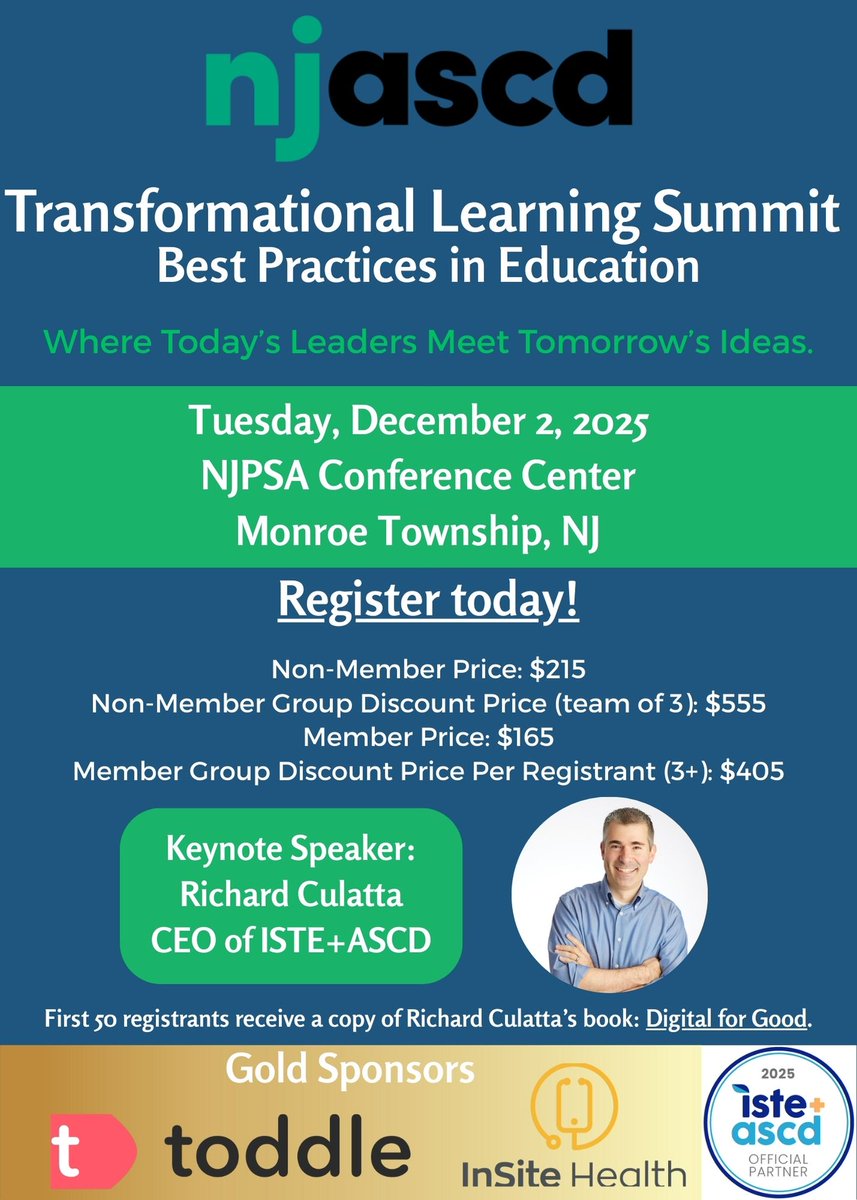 Transformational Learning Summit! 💡 Keynote: Richard Culatta (ISTE+ASCD CEO). Dec 2, 2025 in Monroe, NJ. First 60 get a FREE book! Don't miss this! Register: docs.google.com/forms/d/e/1FAI… 
njascd.org 
#NJASCD #ISTEASCD
<a href="/njascd/">NJASCD</a>
<a href="/NJASCDSouth/">NJASCDSouth</a>
<a href="/NJASCDCentral/">NJASCD Central</a>