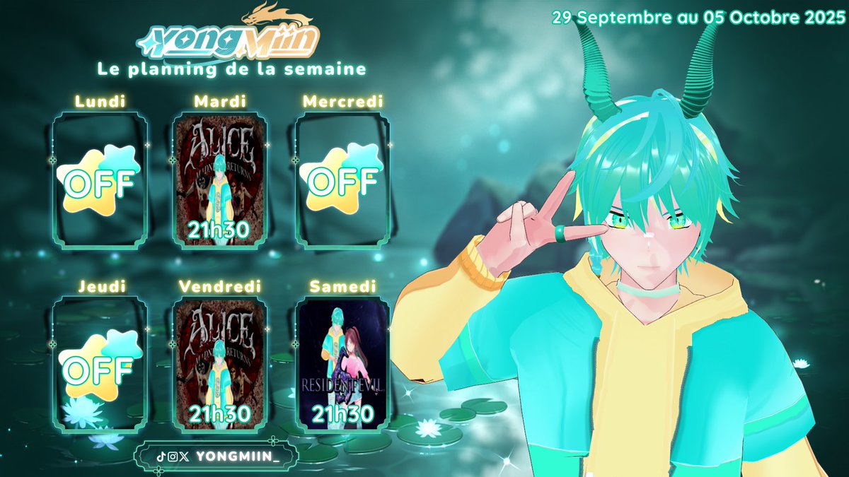 🐉✨Semaine du 29/09 au 05/10 ✨🐉

🌟 Mardi &amp; Vendredi:
21h30 - #AliceMadnessReturn

🌟 Samedi:
21h30 - #ResidentEvil6

#schedule #vtuberFR #Vstreamer