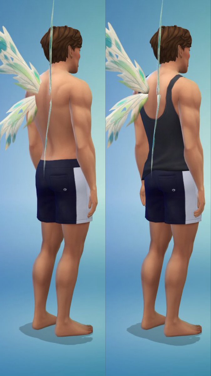 Tengo un problema con las hadas y necesito saber si os pasa también. Cuando un sim lleva algo de ropa de parte superior, las alas se ven bien. Pero cuando no lleva nada en la parte superior, las alas como que se le hunden en la piel. Veis la diferencia? Alguna solución ? 😭😭😭
