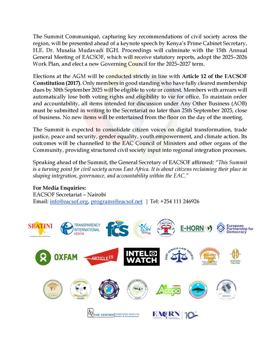 eacsof's tweet photo. East Africans unite! 🌍 The CSO Summit 2025 kicks off in Nairobi, 29 Sept–1 Oct, at Mövenpick Hotel, Nairobi 🇰🇪, amplifying citizens’ voices for digital transformation, regional integration, and inclusive growth.

#civilsociety #csosummit2025 https://t.co/fIbaVxll0U