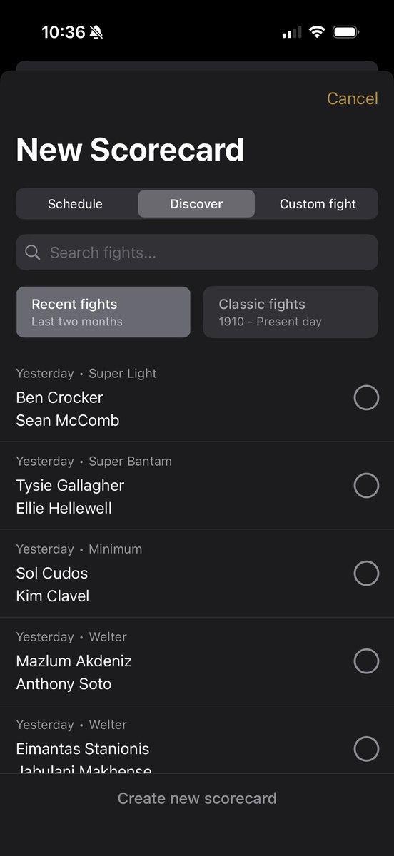 Recent fights and full fight search is now available under the discover tab. Update to the most recent release now apps.apple.com/us/app/fight-s…