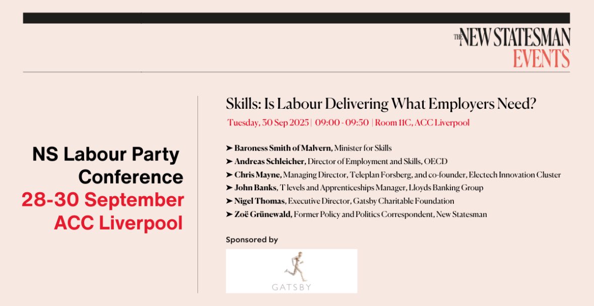Gatsby Education (@gatsbyed) on Twitter photo Is Labour delivering the #skills employers need? Join us and <a href="/NewStatesman/">The New Statesman</a> at #LPC25 to hear from <a href="/Jacqui_Smith1/">Jacqui Smith</a> <a href="/SchleicherOECD/">Andreas Schleicher</a> John Banks from <a href="/LBGplc/">Lloyds Banking Group</a>, Chris Mayne from <a href="/ForsbergPNT/">Teleplan Forsberg</a> and Gatsby’s Nigel Thomas on Tuesday at 09.00 Is Labour delivering the #skills employers need? Join us and <a href="/NewStatesman/">The New Statesman</a> at #LPC25 to hear from <a href="/Jacqui_Smith1/">Jacqui Smith</a> <a href="/SchleicherOECD/">Andreas Schleicher</a> John Banks from <a href="/LBGplc/">Lloyds Banking Group</a>, Chris Mayne from <a href="/ForsbergPNT/">Teleplan Forsberg</a> and Gatsby’s Nigel Thomas on Tuesday at 09.00