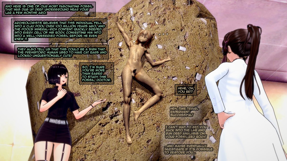 [R-18] A cat to the past
Collaboration with <a href="/NominuArt/">Nominu</a>  and his OC Colin.
Idea came from some inspiration a got while being on vacation.
#asfr #状態変化 #petrification #石化 #koikatsu 
Pixiv Link: pixiv.net/en/artworks/13…