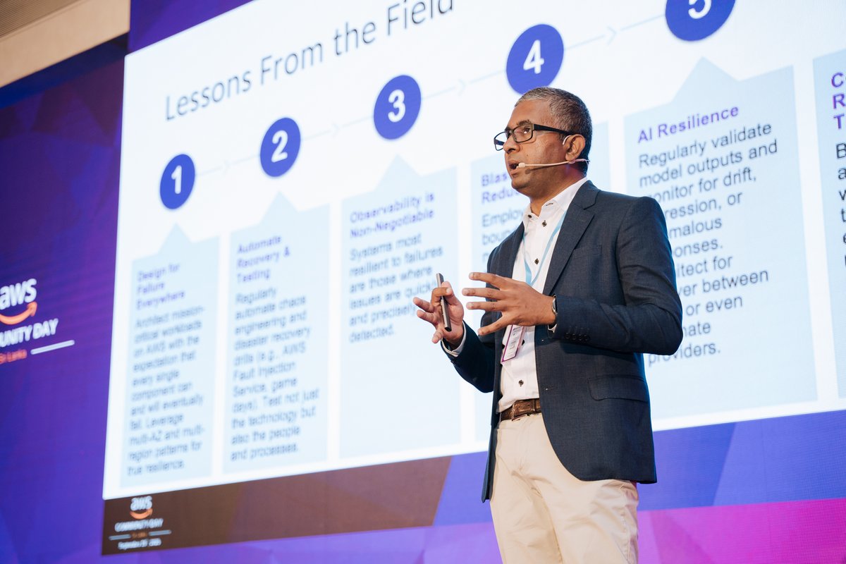 anuradha's tweet photo. The tech industry glorifies success stories, but our failures are the best teachers.

That's why we design for failure, not despite it. The best systems aren't the ones that never fail. They're the ones that fail so gracefully, users never notice.

Shared some battle scars at AWS Community Day in Sri Lanka, because every elegant system is built on a graveyard of lessons learned the hard way.

👉 Design for failure. Architect for resilience.

What's your war story?

#AWS #Architecture #Verdentra