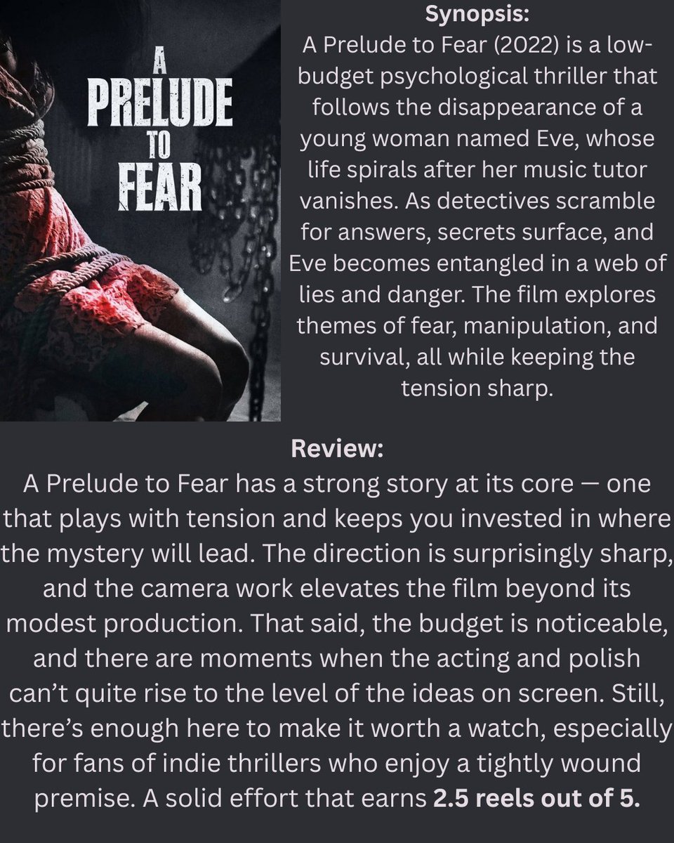 🎥 Special Selection 🎥

This week’s highlight: A Prelude to Fear (2022) 

👀🔪 A young woman’s life unravels when her tutor disappears, pulling her into a chilling web of fear and secrets.

Check out our full review below ⬇️