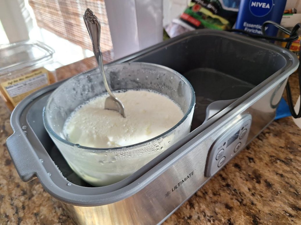 hackingmath's tweet image. First batch of yogurt using the new yogurt machine with a couple of tablespoons of store bought yogurt as starter. The next day it's stiff enough to stand a spoon in! Great product! #UltimateHealth @RealSuperHealth