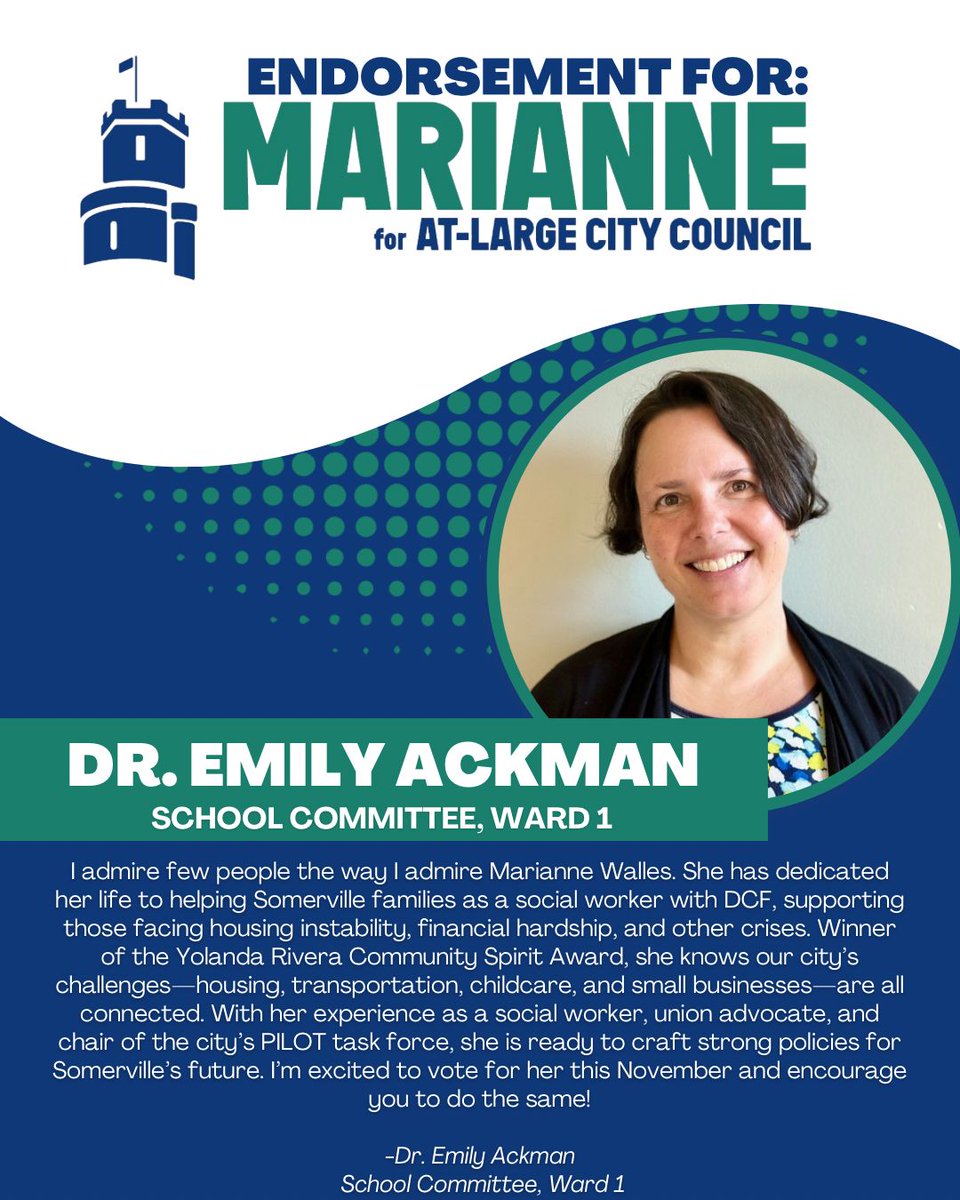 l appreciate the support of Emily Ackman School Committee Representative for Ward One lam proud OF, the work We did on the PILOT Task Force. Policies are best when we collaborate.