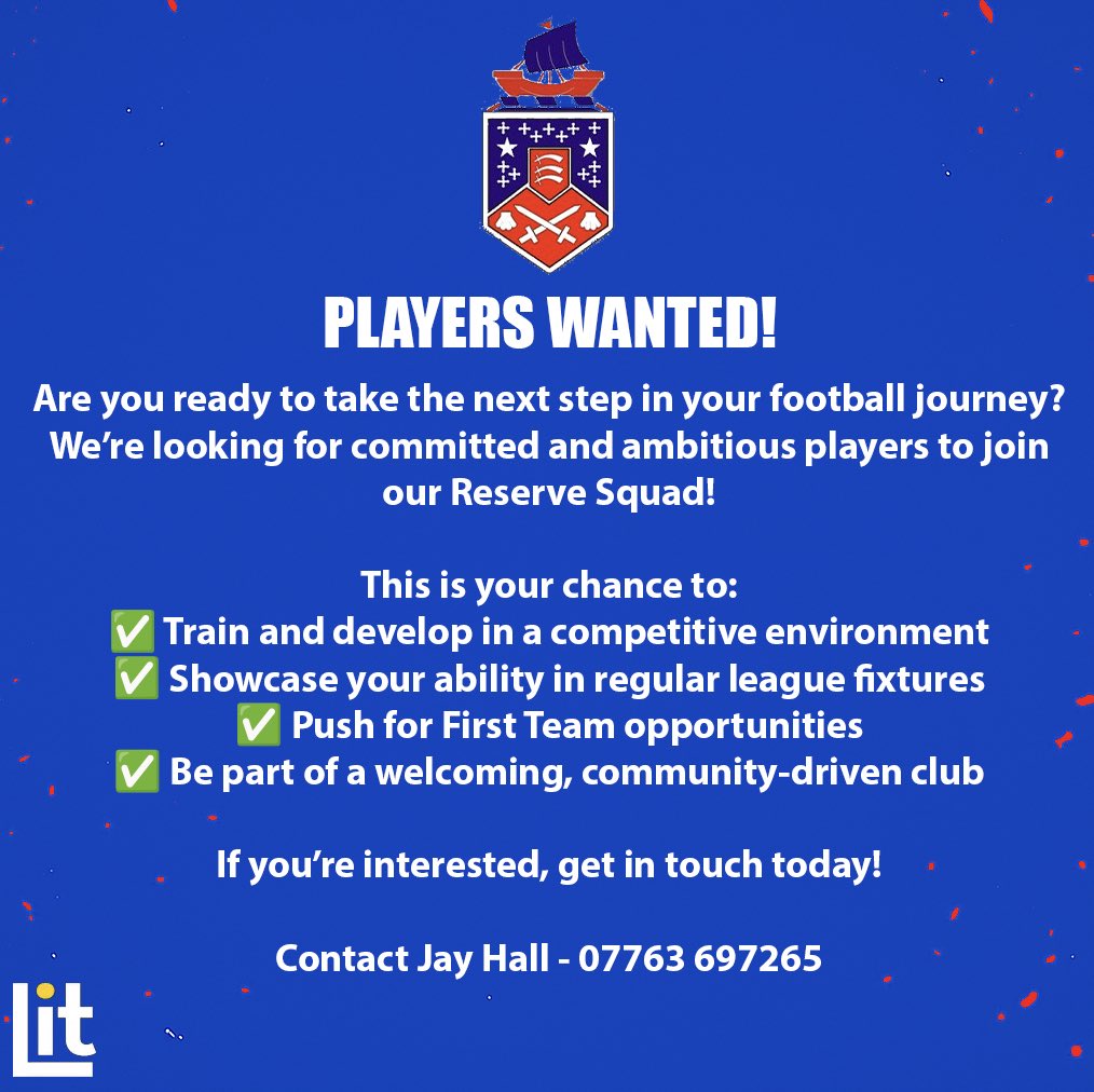 FC_Clacton's tweet image. 🚨| PLAYERS WANTED!

Our Reserves are on the lookout for hungry, committed players to join us.

If you’ve got the talent and the drive, we want to hear from you!💪💙❤️

#Seasiders #FCC #Clacton #Essex