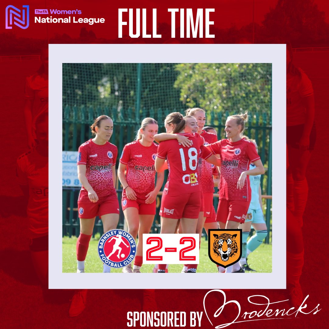 BarnsleyWFC's tweet photo. Full Time, powered by Broderick Group Limited. 

The Reds see a great first half undone as the visitors claim a point.

Goals from Ocean Rolandsen and Helen Lynskey.

Plenty of positives. 

#bwfc #barnsleywfc #youreds https://t.co/brGAF1oJYg