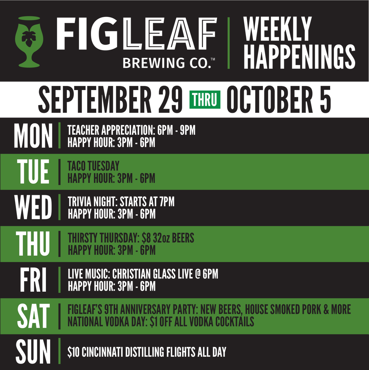 Come hang out at FigLeaf Brewing for some fantastic events this week including teacher appreciation night tomorrow, live music, and our big anniversary bash on Saturday!
