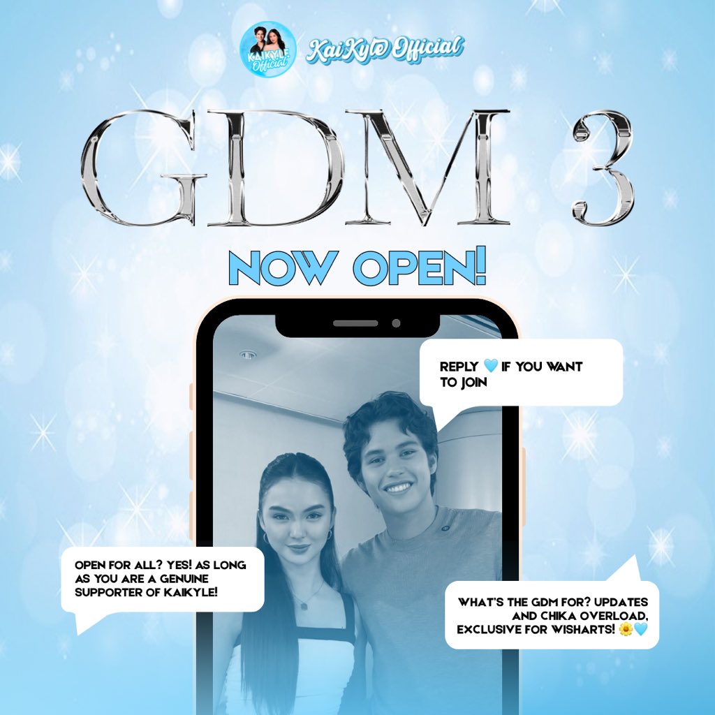 TeamKaiKyleOFC's tweet photo. 𝗚𝗗𝗠𝟯 𝗜𝗦 𝗡𝗢𝗪 𝗢𝗣𝗘𝗡! 💌

We heard you loud and clear, Wisharts! As our family continues to grow, we are officially opening another GDM for all the new Wisharts out there. Nothing beats having a space where we can laugh together, share our kiligs, and celebrate every KaiKyle moment as one big family.

Being in a GDM means more than just updates—it’s where you can bond with fellow fans, find friends who understand your excitement, and feel the warmth of being part of a community that cheers for Kai and Kyle wholeheartedly.

If you want to join in and be part of GDM3, just reply below and we’ll welcome you with open arms. 🩵 Let’s keep the love, fun, and energy alive as we grow stronger together, Wisharts! 

#KaiKyle