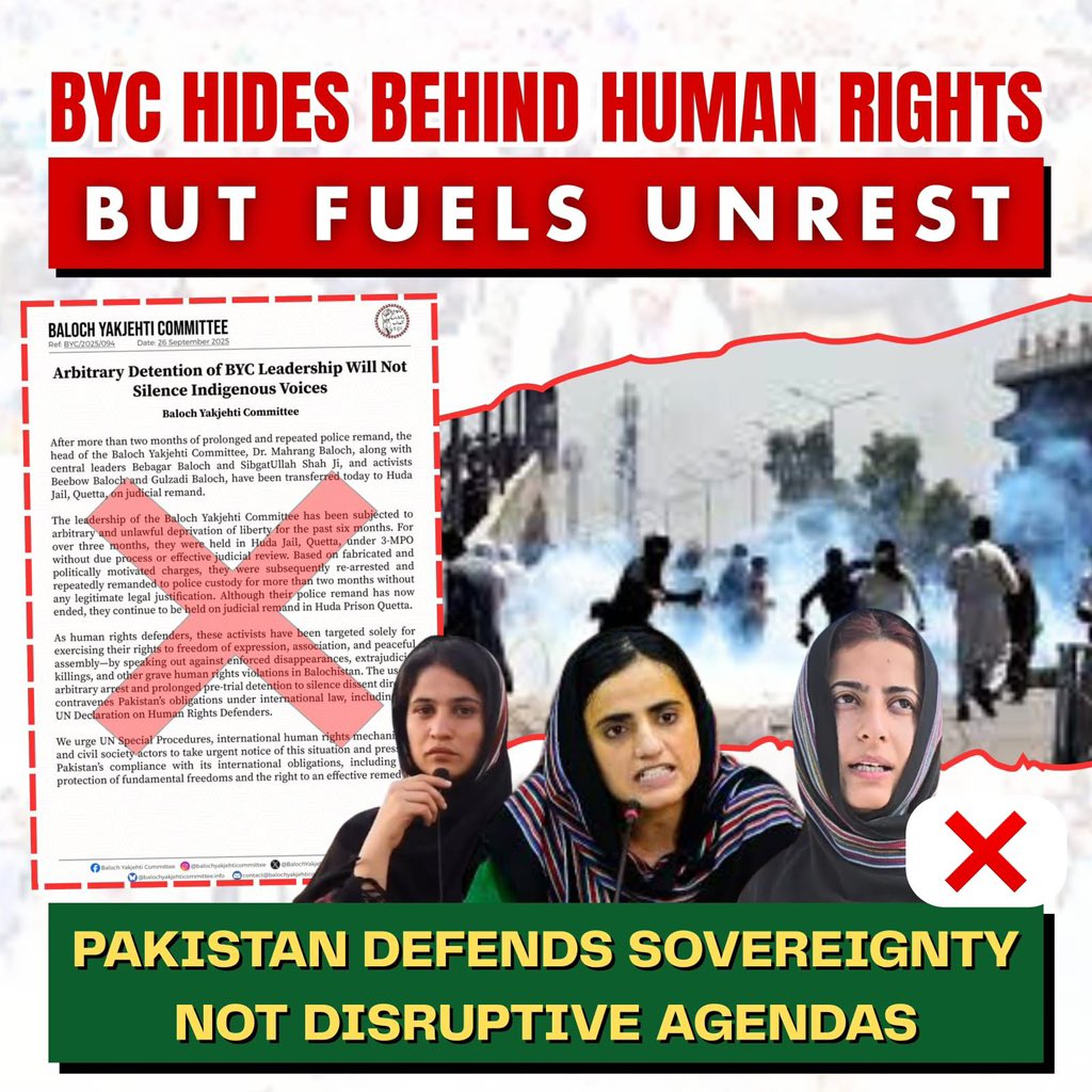 saleemsamina191's tweet image. “من مانے گرفتاریوں” کے دعوے سراسر بے بنیاد ہیں۔ #مہرانگ_بلوچ اور #BYC دراصل اشتعال انگیز عناصر ہیں جو بدامنی پھیلانے کی کوشش کر رہے ہیں، نہ کہ انسانی حقوق کے محافظ۔ عدالتی ریمانڈ مکمل قانونی عمل کے تحت کیا گیا ہے۔
#RisingBalochistan 
#Balochistan #Turbat #BalochistanHaiPakistan