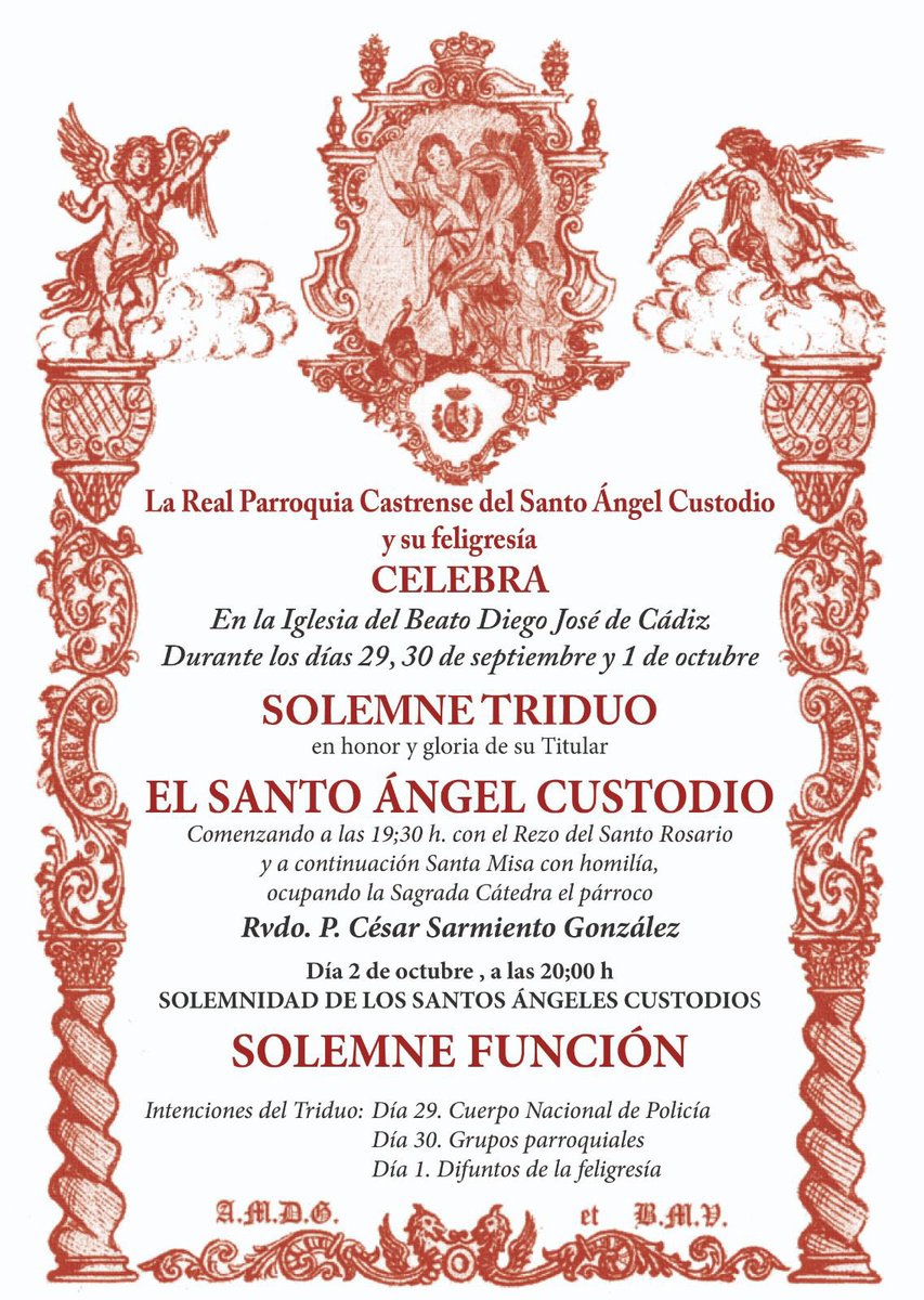 PARROQUIA | La Iglesia del Beato Fray Diego José de Cádiz acoge un año más los cultos en honor y gloria del Santo Ángel Custodio, Titular de la Parroquia Castrense.