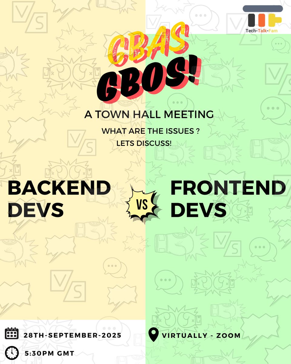 toluwa_david's tweet image. 🚨 Tech showdown alert! 🚨
Join me for the Back-end vs Front-end Developers Town Hall 🧠💻
📅 Sept 28, 2025 | ⏰ 5:30PM GMT | 📍 Zoom
Insights, skills, networking—don’t miss this epic clash!
👇 Register now 👇
bit.ly/4m1ox4E #TechEvent #DevBattle #FrontendVsBackend