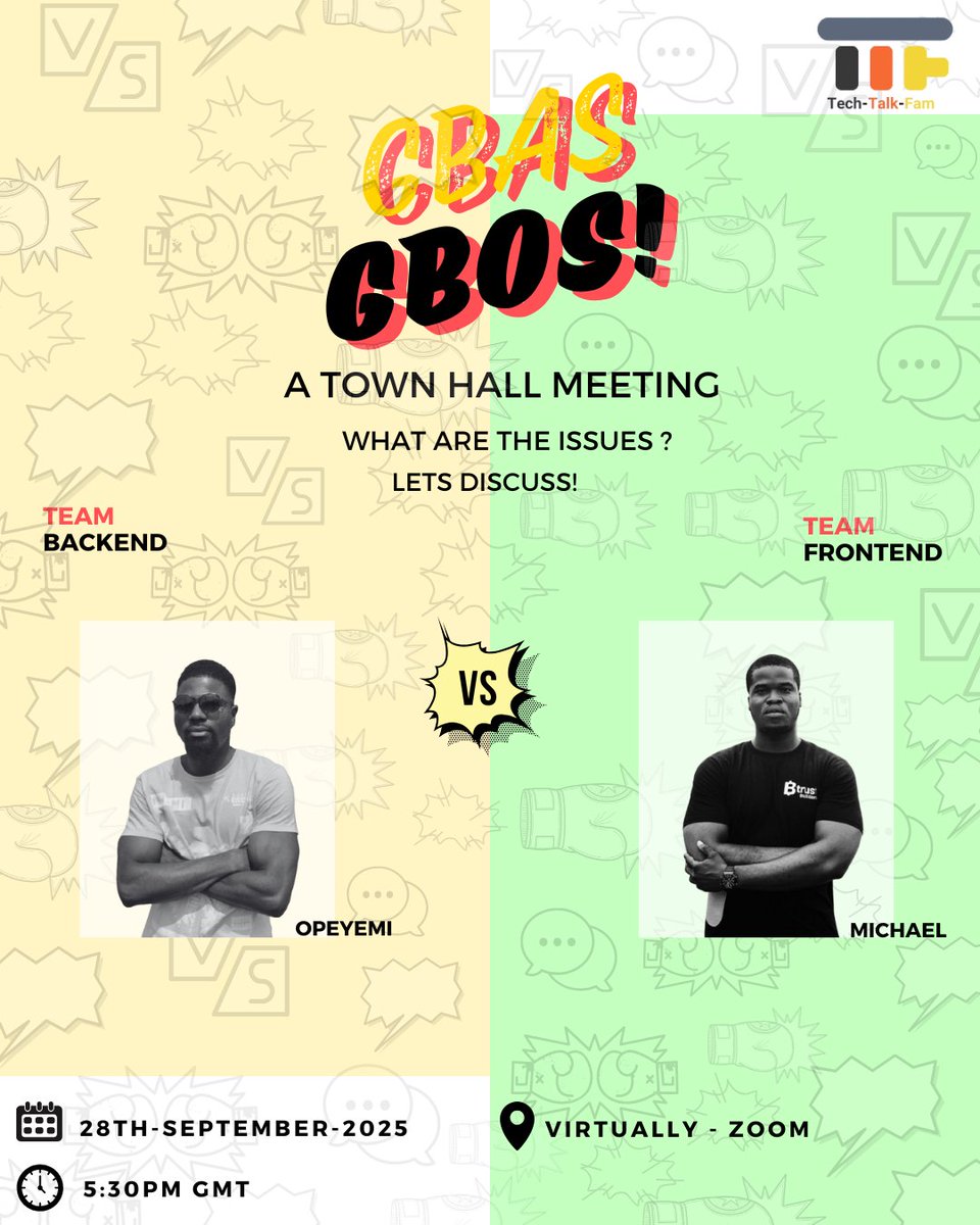toluwa_david's tweet image. 🚨 Tech showdown alert! 🚨
Join me for the Back-end vs Front-end Developers Town Hall 🧠💻
📅 Sept 28, 2025 | ⏰ 5:30PM GMT | 📍 Zoom
Insights, skills, networking—don’t miss this epic clash!
👇 Register now 👇
bit.ly/4m1ox4E #TechEvent #DevBattle #FrontendVsBackend