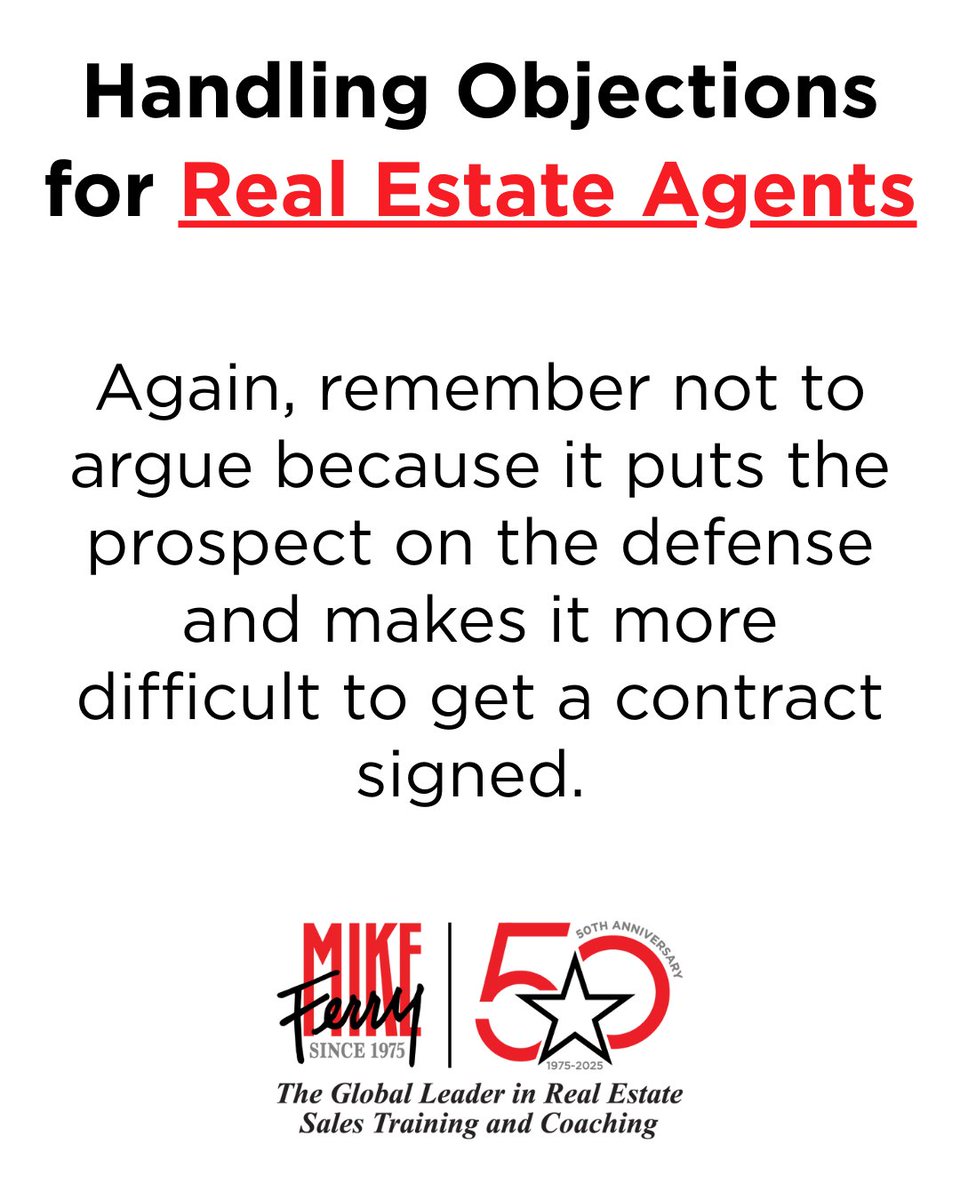 MikeFerryOrg's tweet image. Real Estate Agents! 🚨
Arguing puts sellers on defense ... and contracts out of reach. Stay calm, stay in control.
👉 Are you building agreements or battles?

#RealEstateAgents #ObjectionHandling #RealEstateCoaching #MikeFerry #TopProducer
