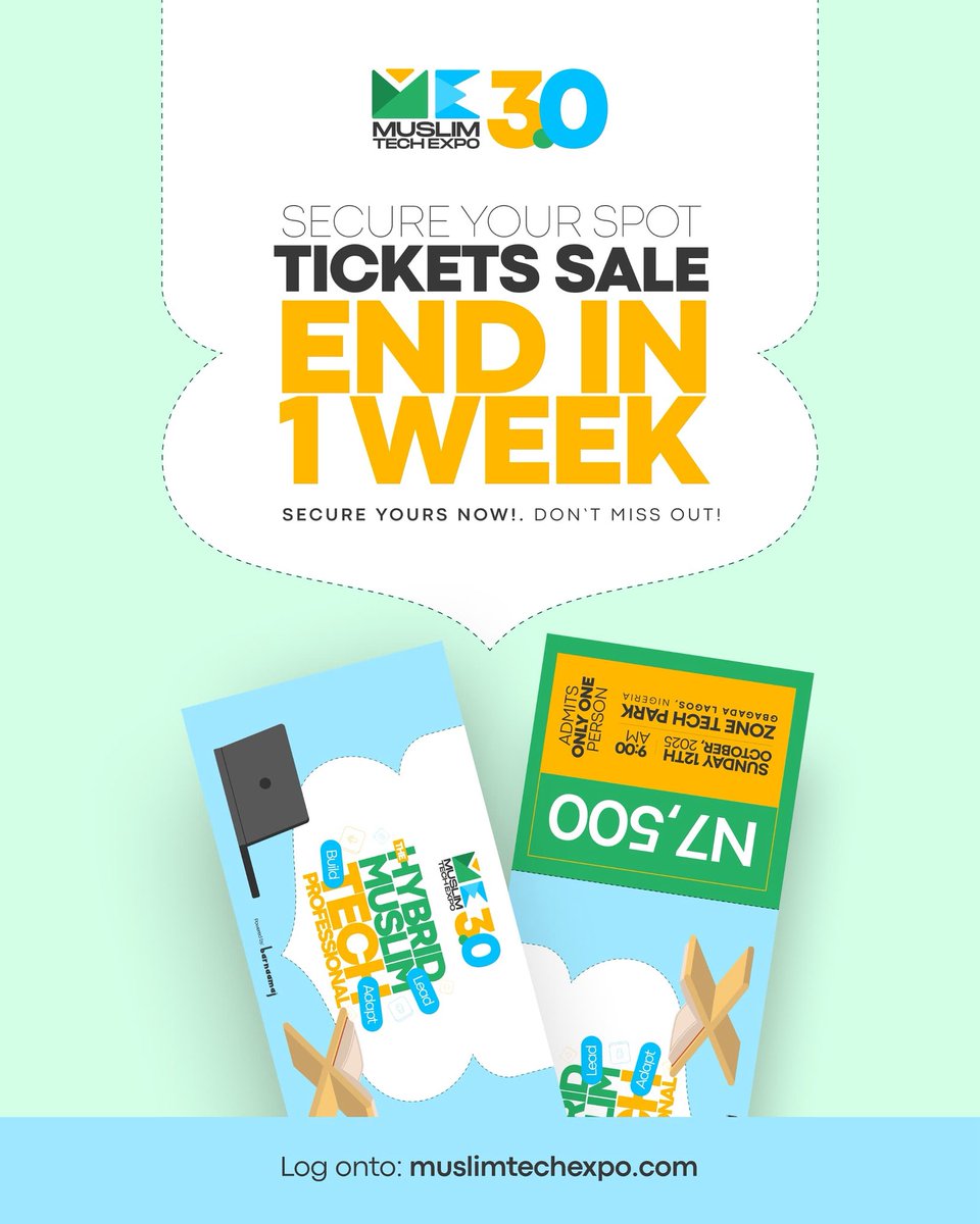 Seats are filling up fast, but you still haven’t gotten your ticket. 🙂👀

We’re glad to announce that ticket sales end exactly 1 week before the event.✨

Head here: muslimtechexpo.com