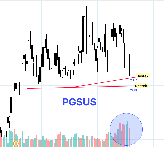#PGSUS bu haftaki mum oldukça sert olmuş. Düşüşlerin hacimli olması da düşündürücü. Bu hafta aynı sertlikte almaları lazım ki grafik düzelsin. Umutlu olduğum bir hisse benim de ama kısada pek bir ışık görünmüyor. 217 ve özellikle 209 önemli destek. YTD. #borsa #bist100 #ETH