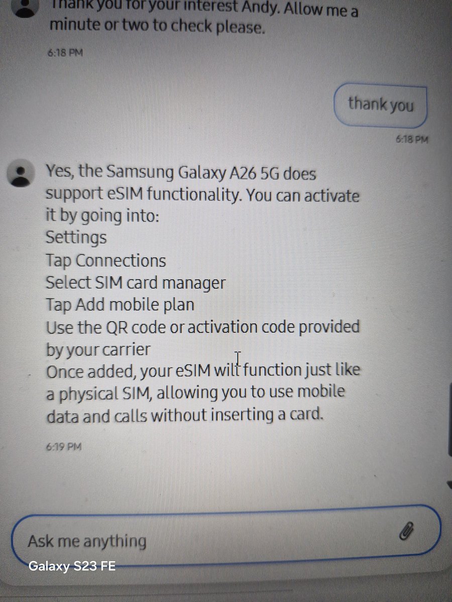 AndyGurney1's tweet photo. @SamsungHelpUK I checked before ordering a new phone if the Galaxy A26 supports an e-sim. Please see your reply. 1 x new phone and 1 x case - I have now been told by your support line it does support esim, to be told later by another department it does not support e-sim???? https://t.co/62c3sItboN
