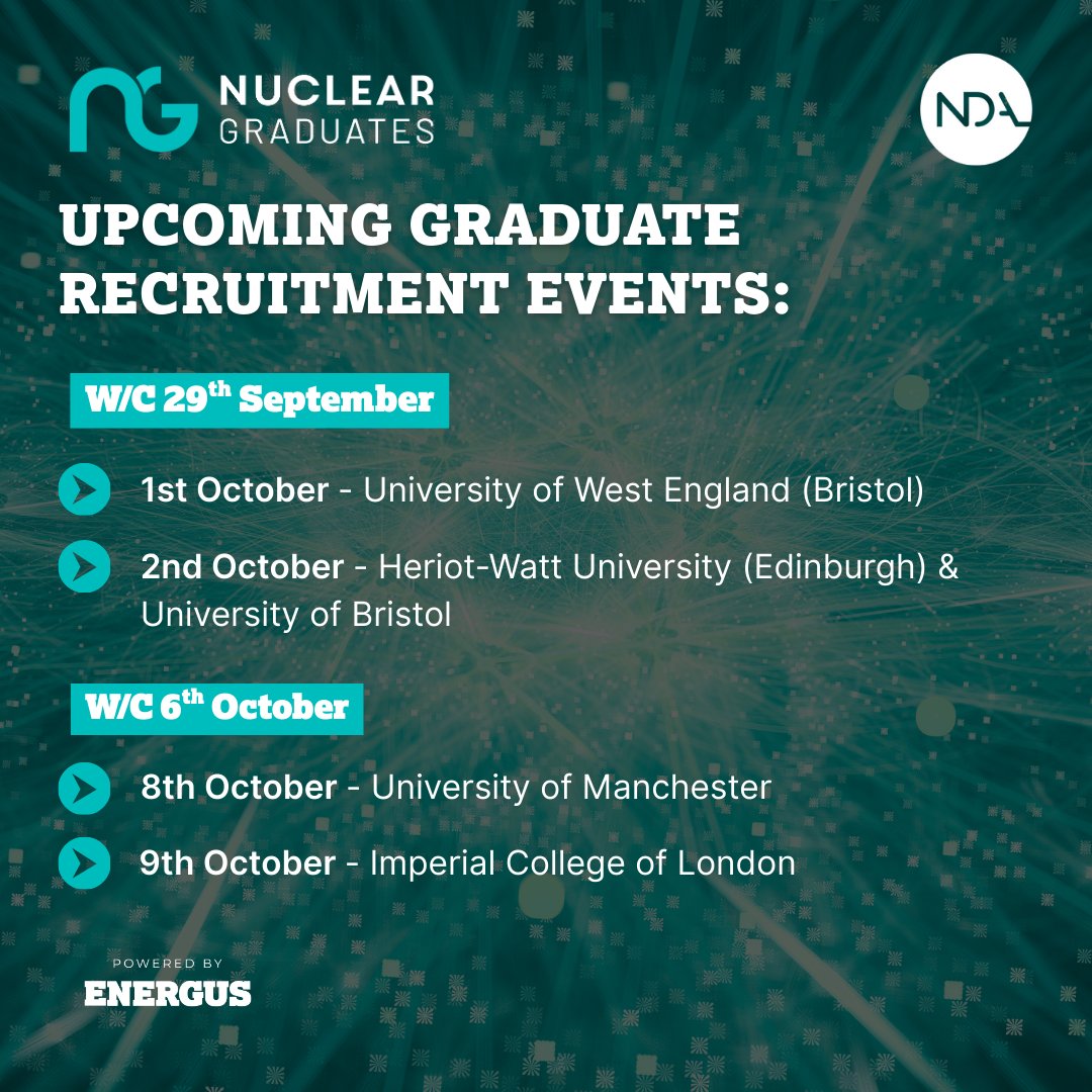 Nuclear Graduates (@nucleargrads) on Twitter photo The Nuclear Graduates team will be attending the following university careers fairs over the next 2 weeks. If you’re exploring your future after graduation, stop by for a chat about joining one of the UK’s most exciting graduate programmes in science, engineering and beyond. The Nuclear Graduates team will be attending the following university careers fairs over the next 2 weeks. If you’re exploring your future after graduation, stop by for a chat about joining one of the UK’s most exciting graduate programmes in science, engineering and beyond.