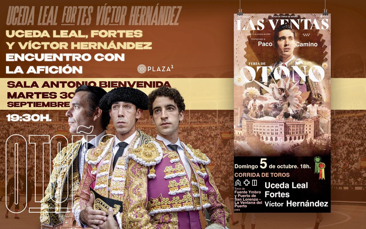 [🎙️ 𝗘𝗡𝗖𝗨𝗘𝗡𝗧𝗥𝗢] Uceda Leal, Fortes y Víctor Hernández nos acompañarán este martes en la Sala Bienvenida para compartir sus expectativas de cara al cartelazo del 5 de octubre. 

🕦 Martes 30 sept. 19:30
🎟️ Libre hasta completar aforo.
#LasVentas #FeriadeOtoño2025